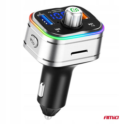 Automobilinis FM siųstuvas 2xUSB-A 1xUSB-C microSD 12V 24V AMIO-04652