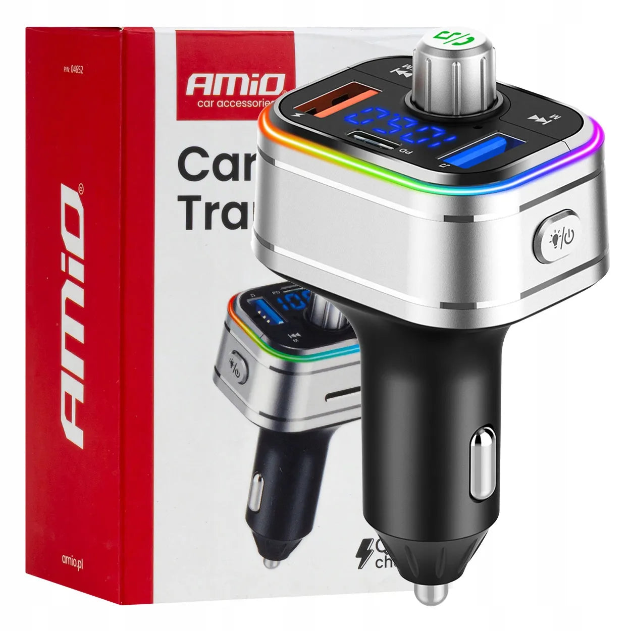 Automobilinis FM siųstuvas 2xUSB-A 1xUSB-C microSD 12V 24V AMIO-04652