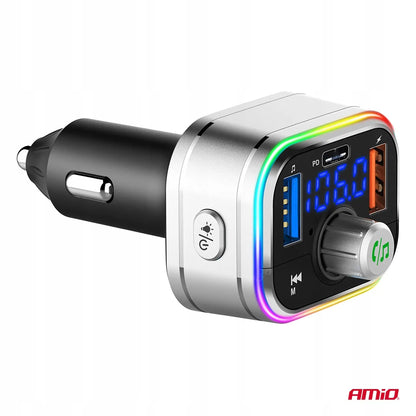Automobilinis FM siųstuvas 2xUSB-A 1xUSB-C microSD 12V 24V AMIO-04652