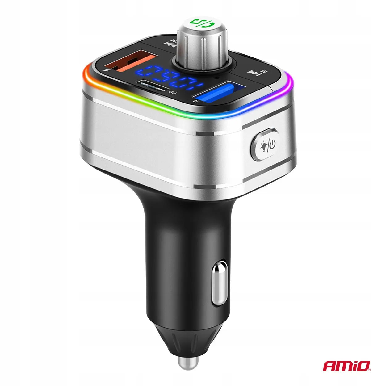 Automobilinis FM siųstuvas 2xUSB-A 1xUSB-C microSD 12V 24V AMIO-04652