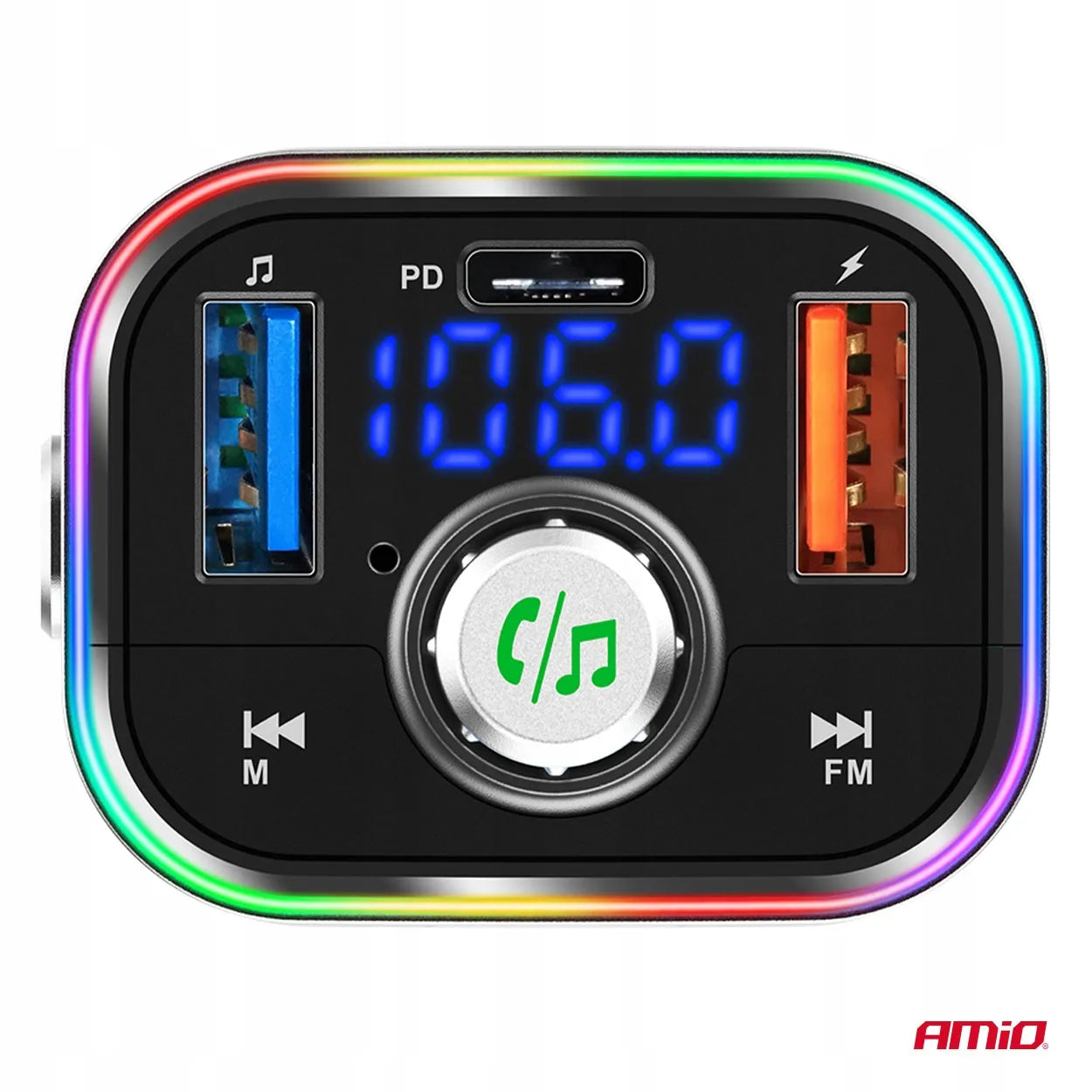 Automobilinis FM siųstuvas 2xUSB-A 1xUSB-C microSD 12V 24V AMIO-04652