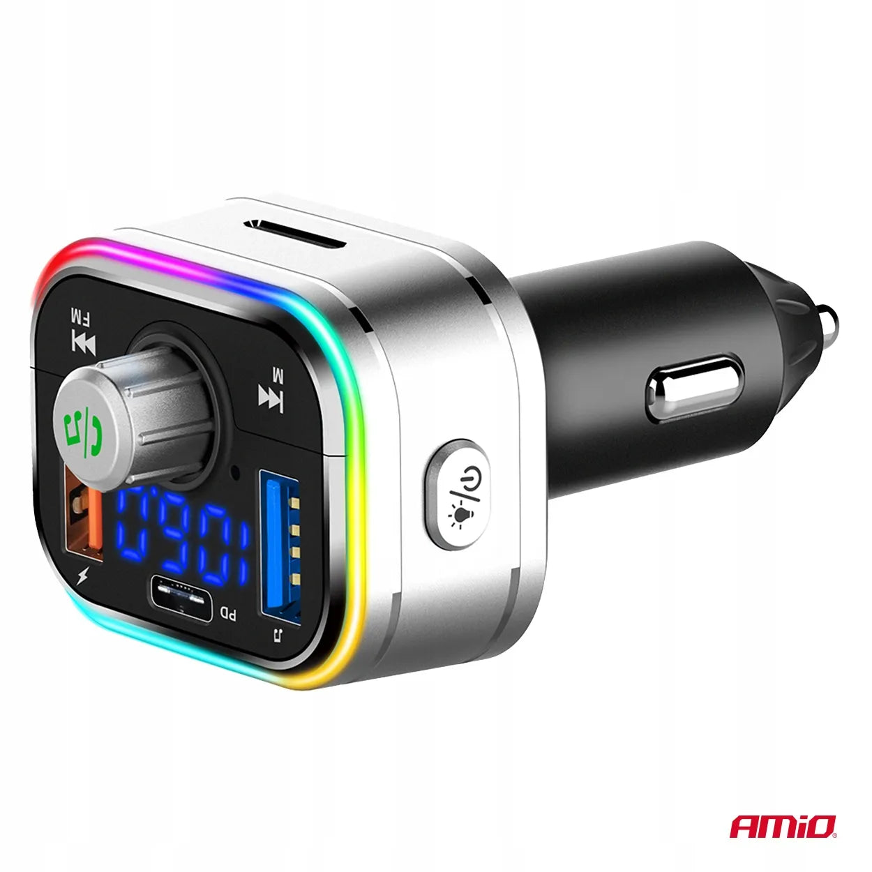 Automobilinis FM siųstuvas 2xUSB-A 1xUSB-C microSD 12V 24V AMIO-04652
