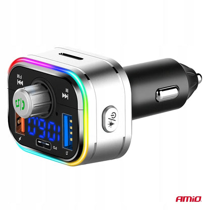 Automobilinis FM siųstuvas 2xUSB-A 1xUSB-C microSD 12V 24V AMIO-04652