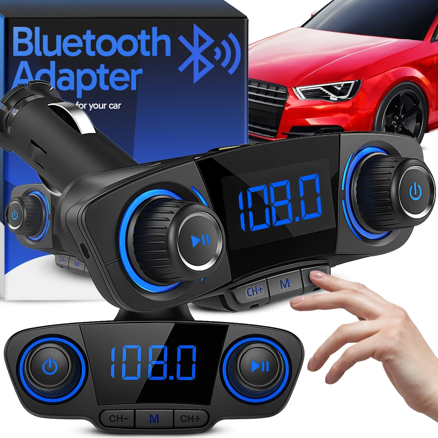 Automobilinis FM siųstuvas „Bluetooth 5.0“ su 2x USB įkrovikliu 8-viename su lanksčia jungtimi
