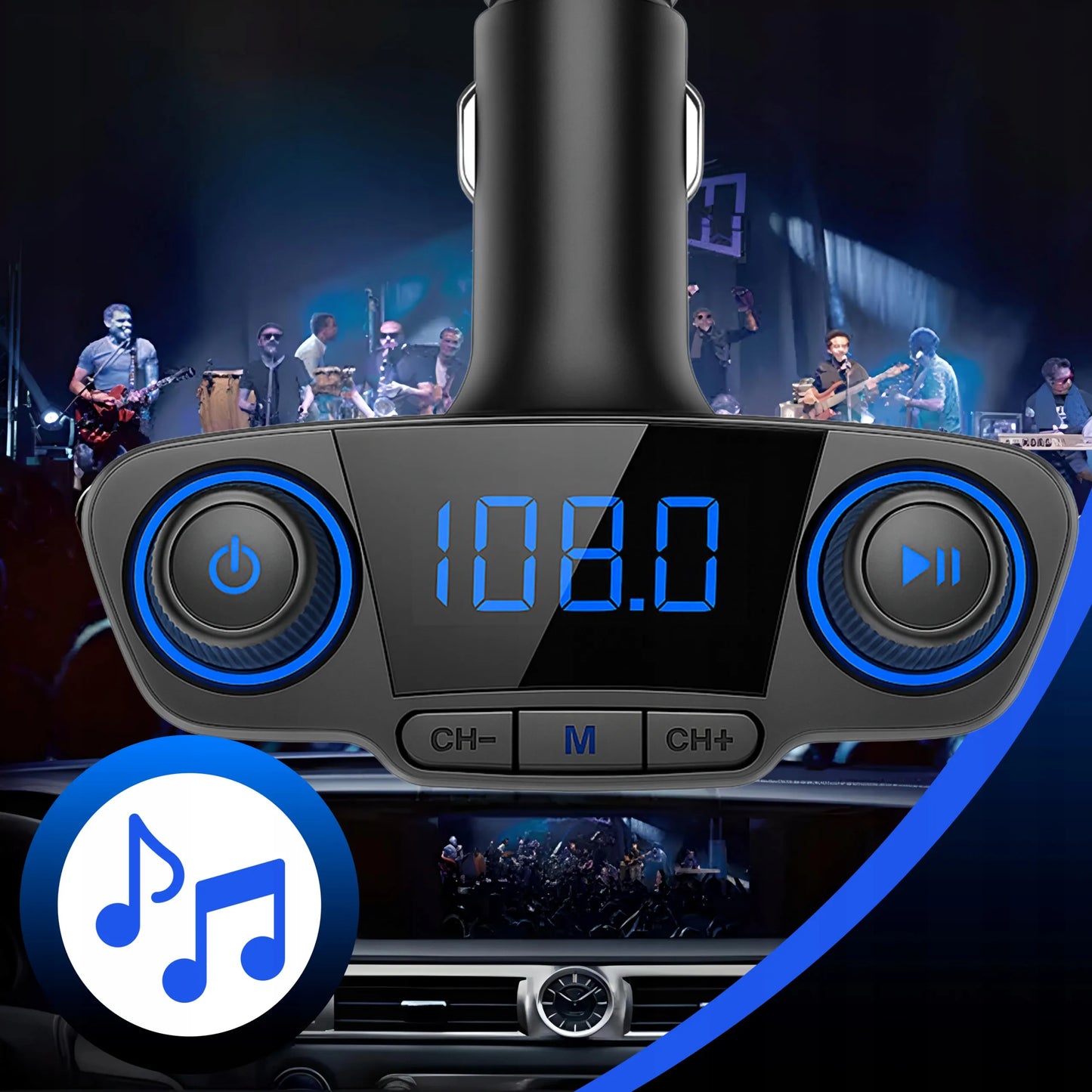 Automobilinis FM siųstuvas „Bluetooth 5.0“ su 2x USB įkrovikliu 8-viename su lanksčia jungtimi