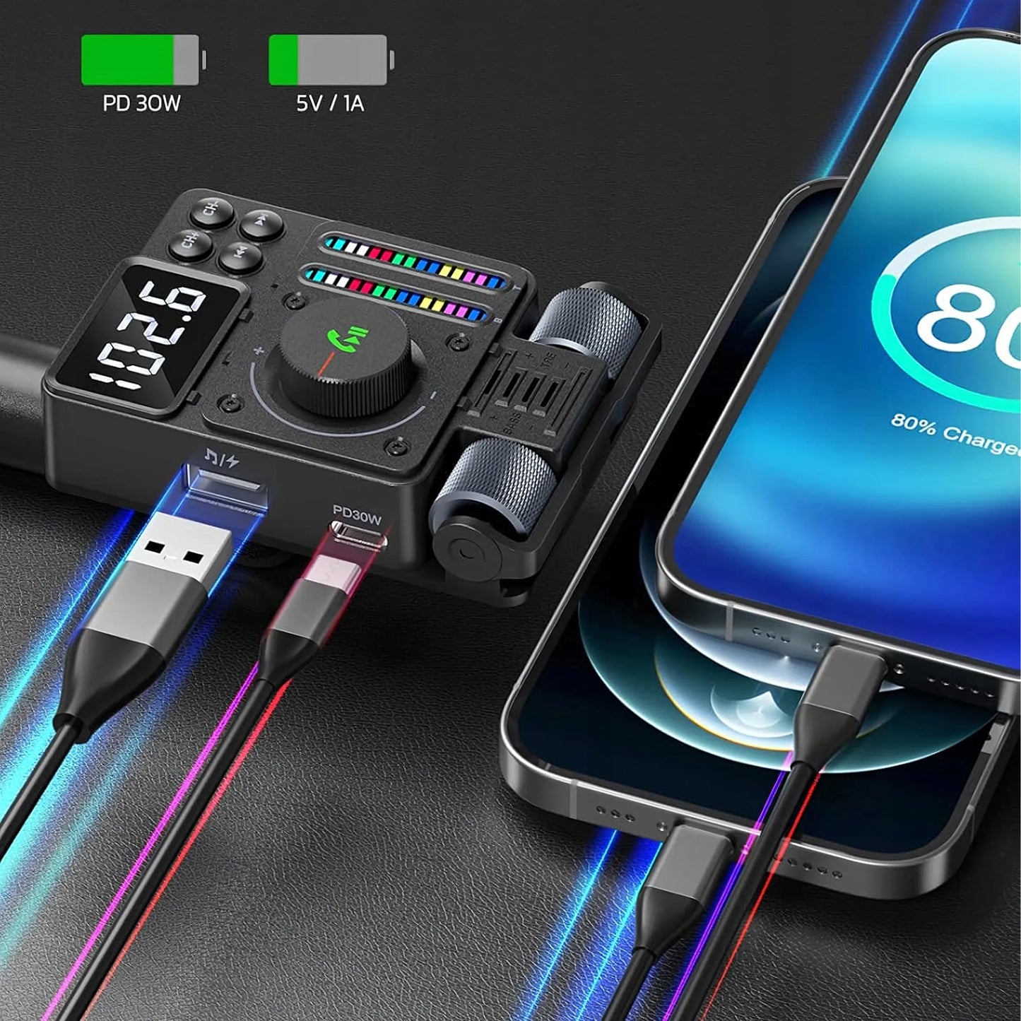 Automobilinis FM siųstuvas Bluetooth 5.3 PD 30W kroviklis