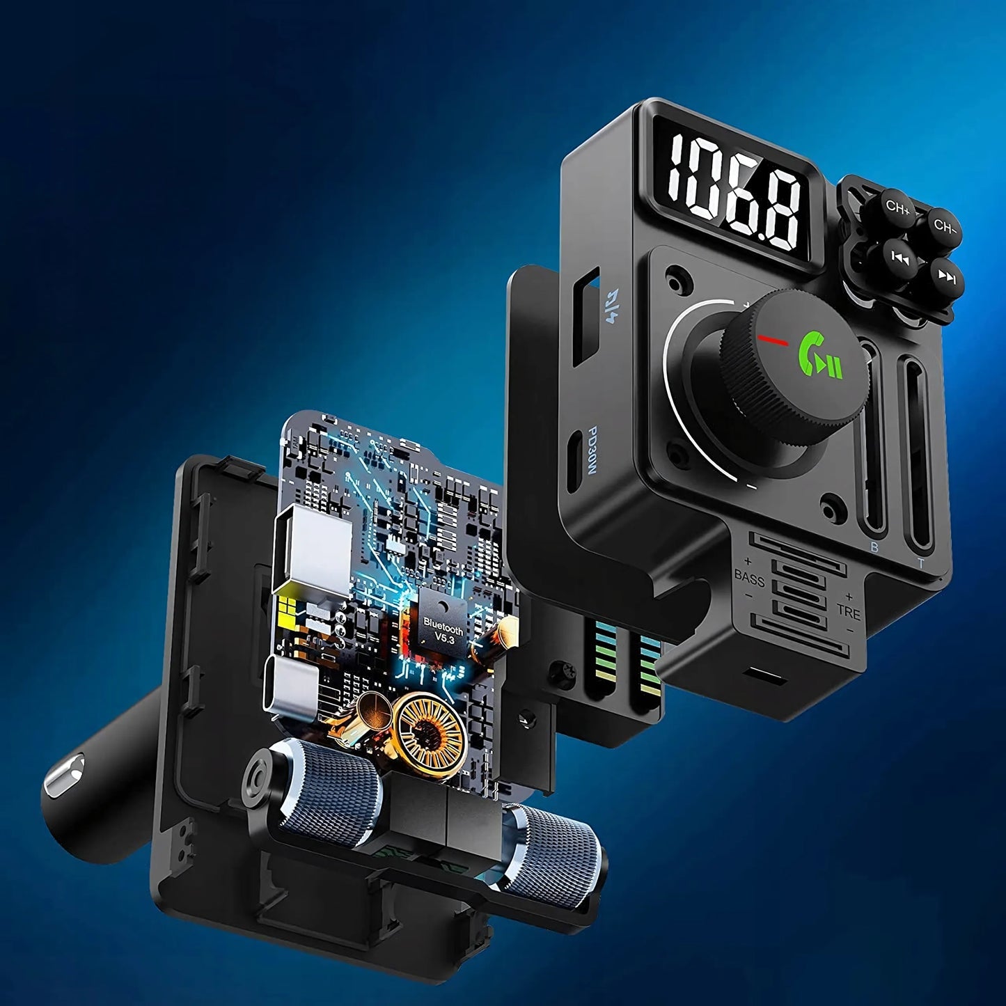 Automobilinis FM siųstuvas Bluetooth 5.3 PD 30W kroviklis