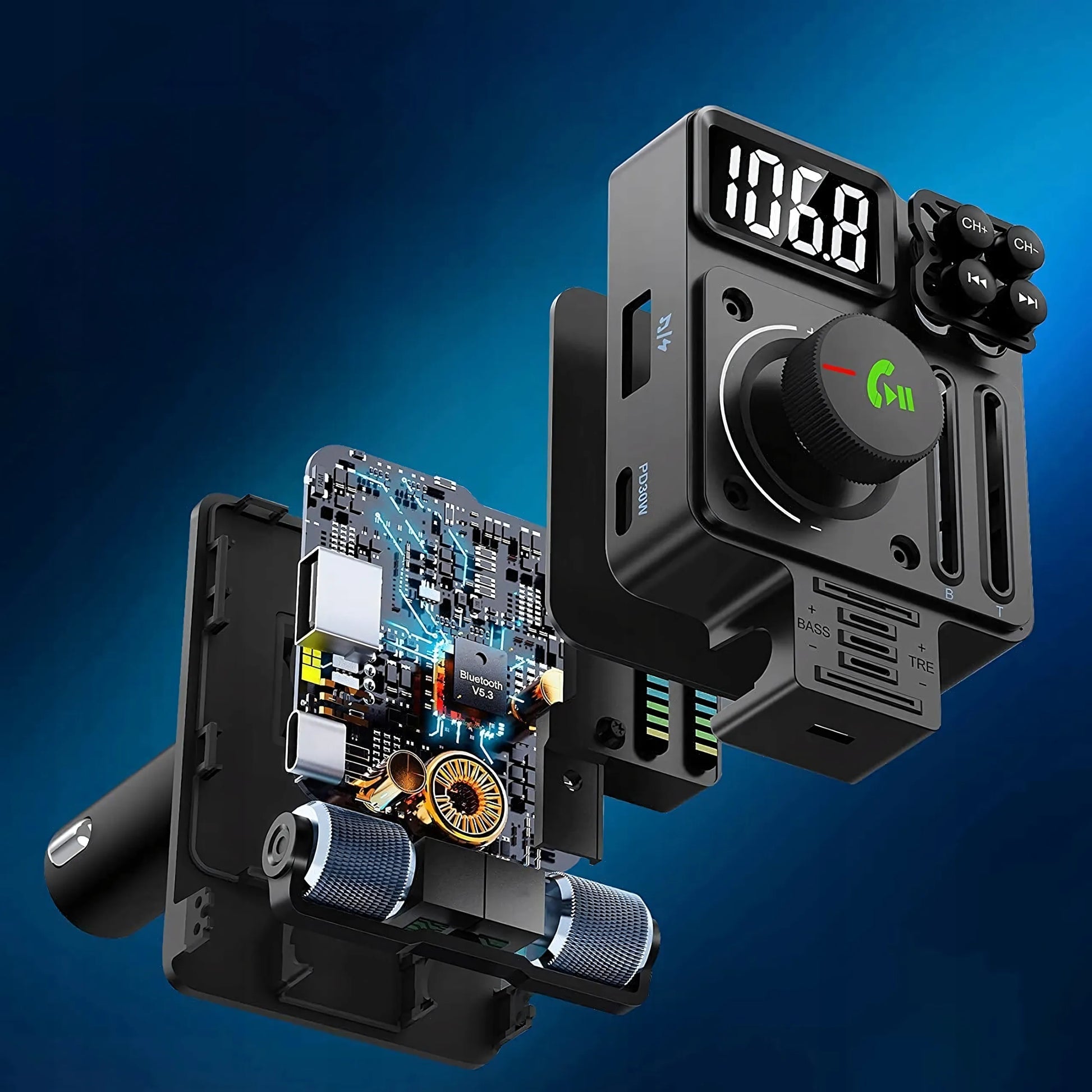 Automobilinis FM siųstuvas Bluetooth 5.3 PD 30W kroviklis