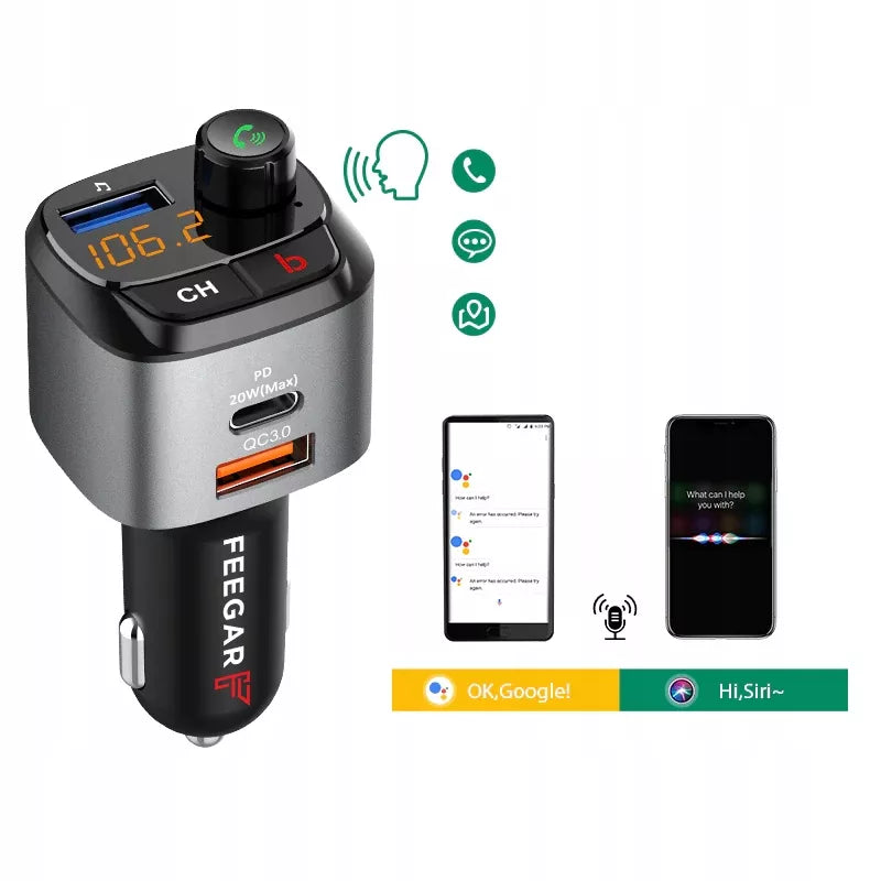 Automobilinis FM siųstuvas „Bluetooth“ Feegar su greituoju įkrovikliu QC 3.0 PD MP3 Audio USB