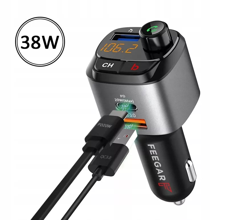 Automobilinis FM siųstuvas „Bluetooth“ Feegar su greituoju įkrovikliu QC 3.0 PD MP3 Audio USB