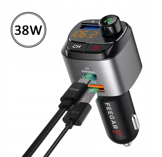 Automobilinis FM siųstuvas „Bluetooth“ Feegar su greituoju įkrovikliu QC 3.0 PD MP3 Audio USB