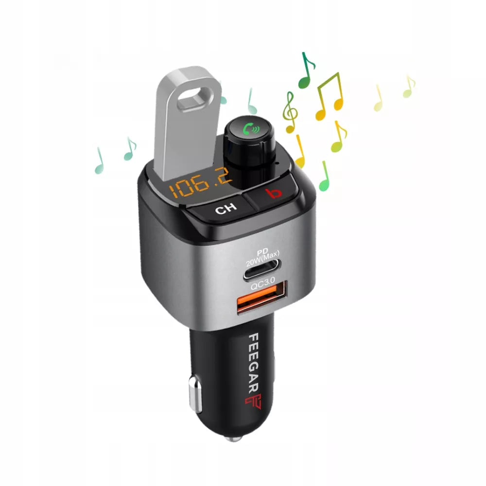 Automobilinis FM siųstuvas „Bluetooth“ Feegar su greituoju įkrovikliu QC 3.0 PD MP3 Audio USB