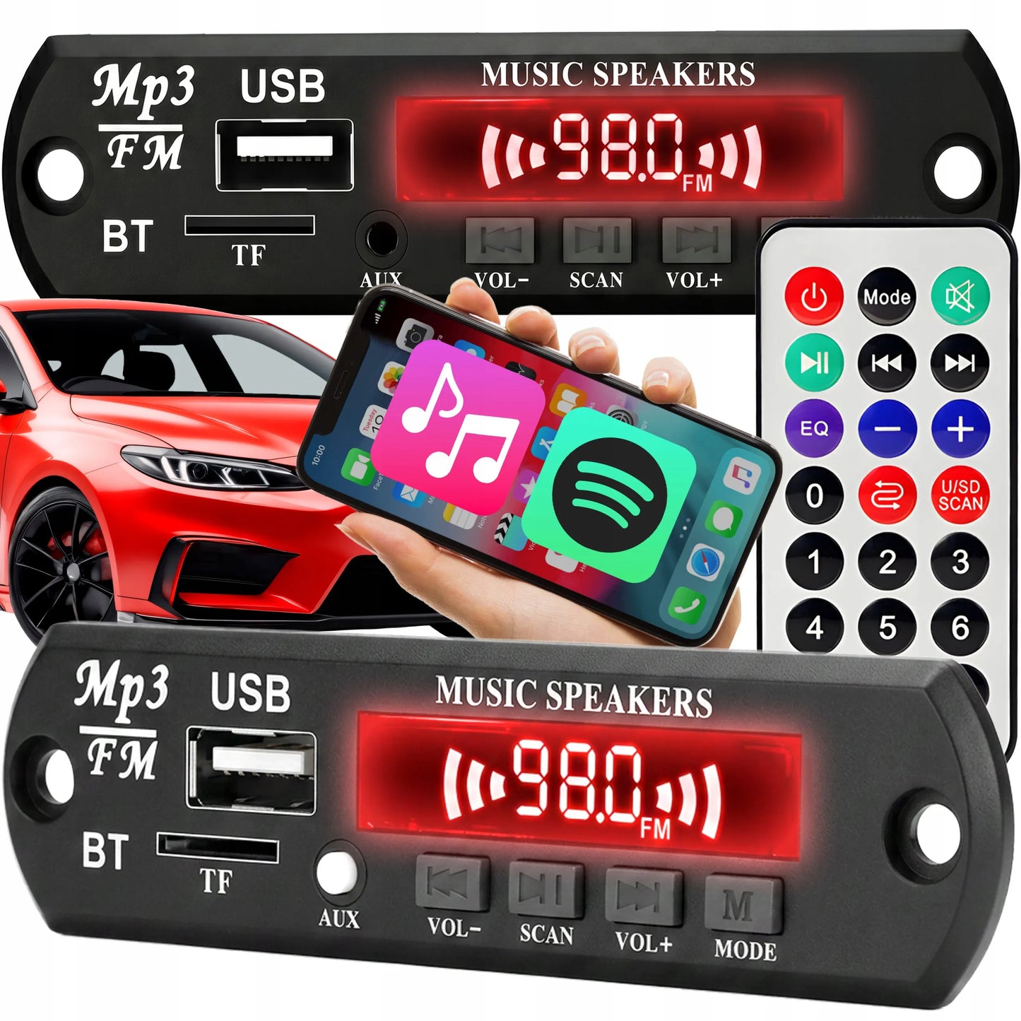 Automobilinis FM siųstuvas Bluetooth modulis MP3 grotuvas AUX USB su nuotolinio valdymo pulteliu