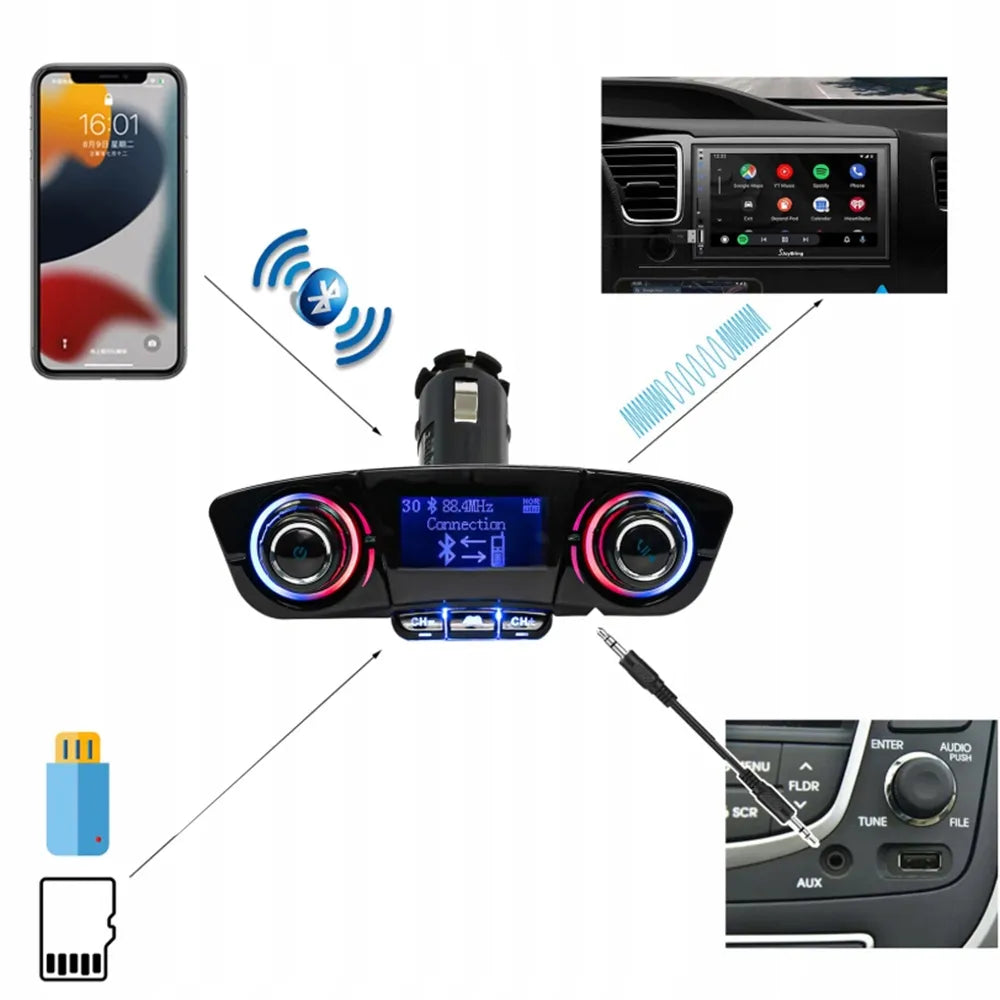 Automobilinis FM siųstuvas „Bluetooth“ su USB adapteriu mobiliajam telefonui