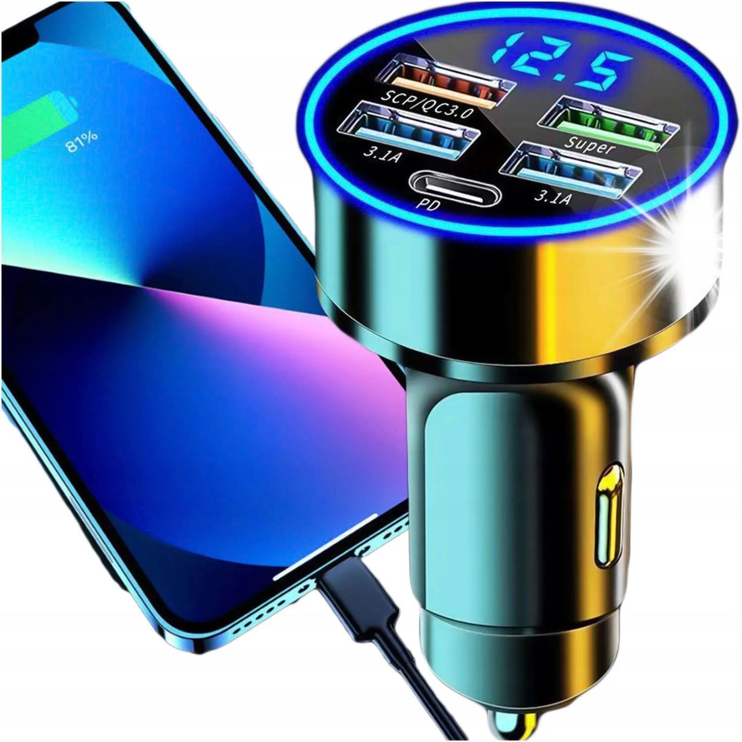 Automobilinis įkroviklis 4x USB QC 3.0 + USB C PD 20W greitas galingas telefonui