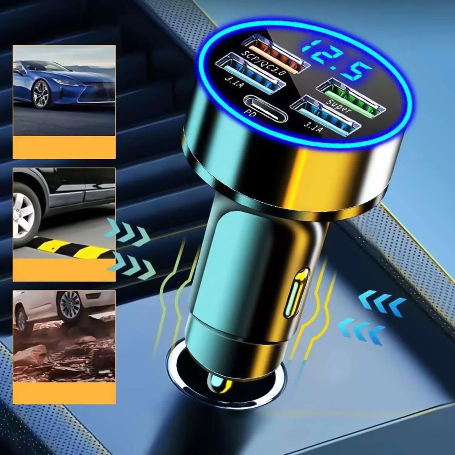 Automobilinis įkroviklis 4x USB QC 3.0 + USB C PD 20W greitas galingas telefonui