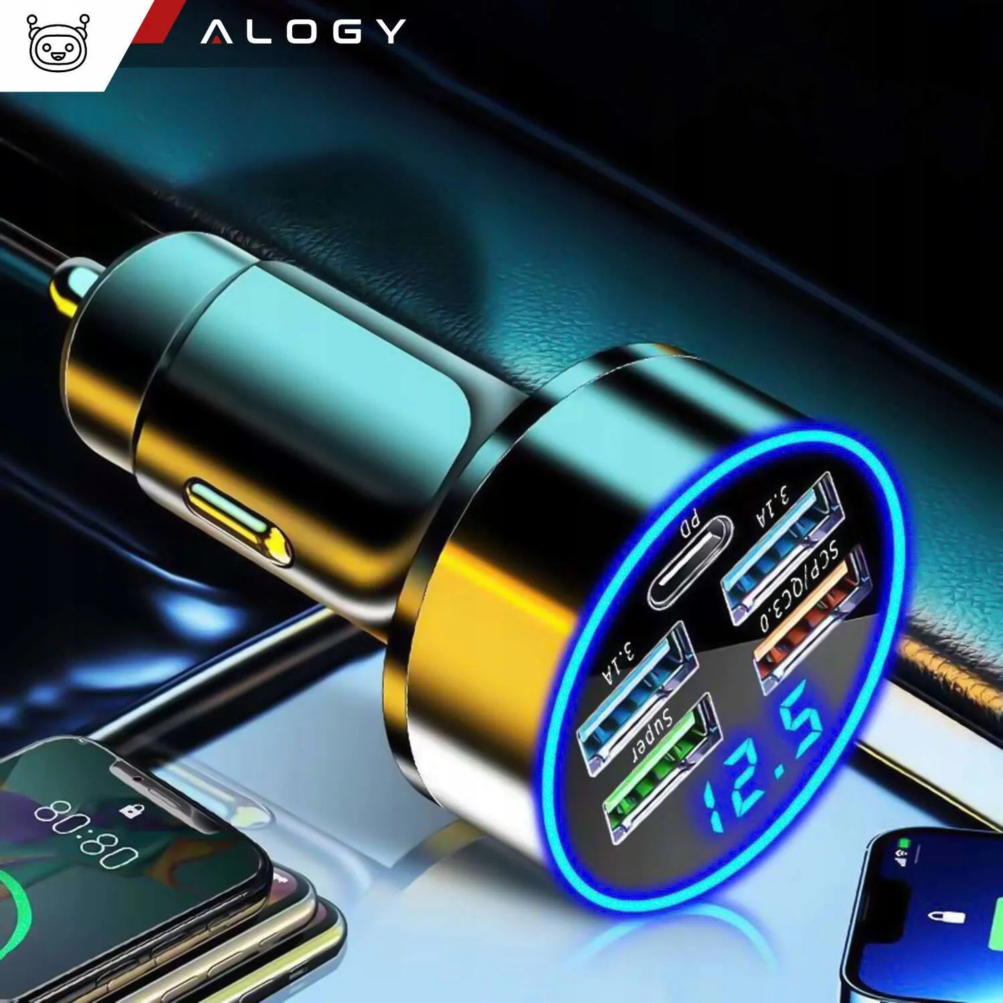 Automobilinis įkroviklis 4x USB QC 3.0 + USB C PD 20W greitas galingas telefonui
