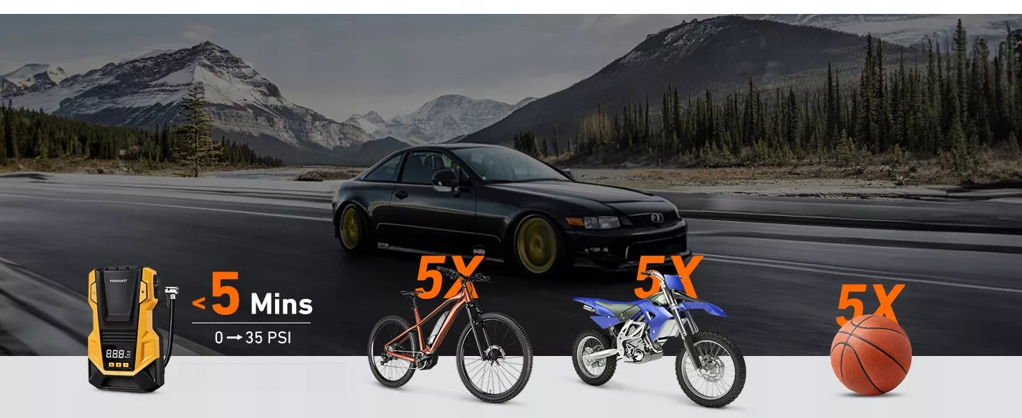 Automobilinis kompresorius 12V 230V Feegar, nešiojama oro pompa ratams su LED apšvietimu