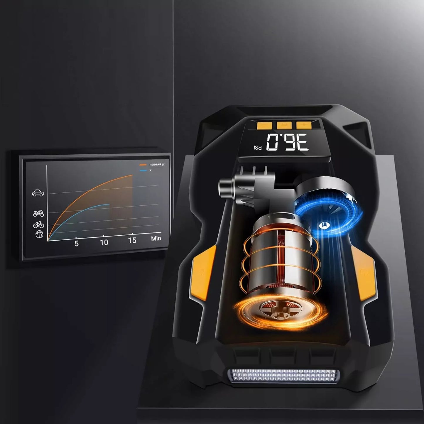 Automobilinis kompresorius 12V 230V Feegar, nešiojama oro pompa ratams su LED apšvietimu