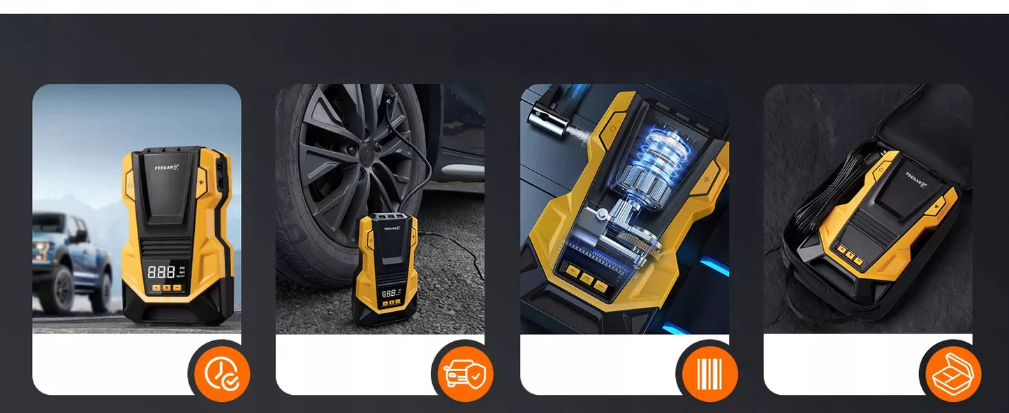 Automobilinis kompresorius 12V 230V Feegar, nešiojama oro pompa ratams su LED apšvietimu