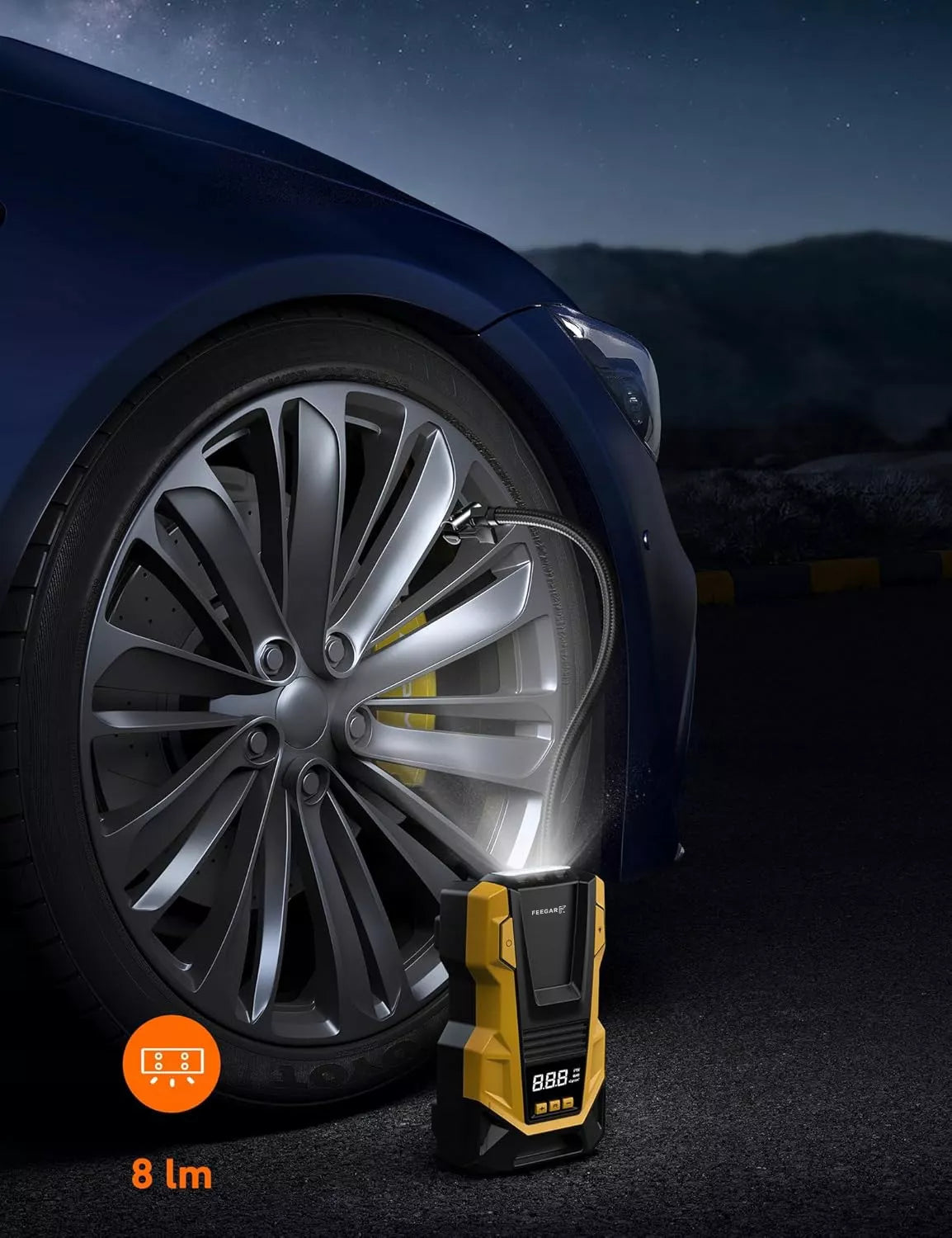 Automobilinis kompresorius 12V 230V Feegar, nešiojama oro pompa ratams su LED apšvietimu