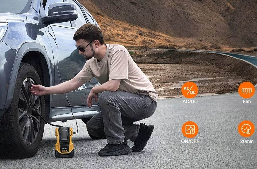 Automobilinis kompresorius 12V 230V Feegar, nešiojamas siurblys padangoms su LED