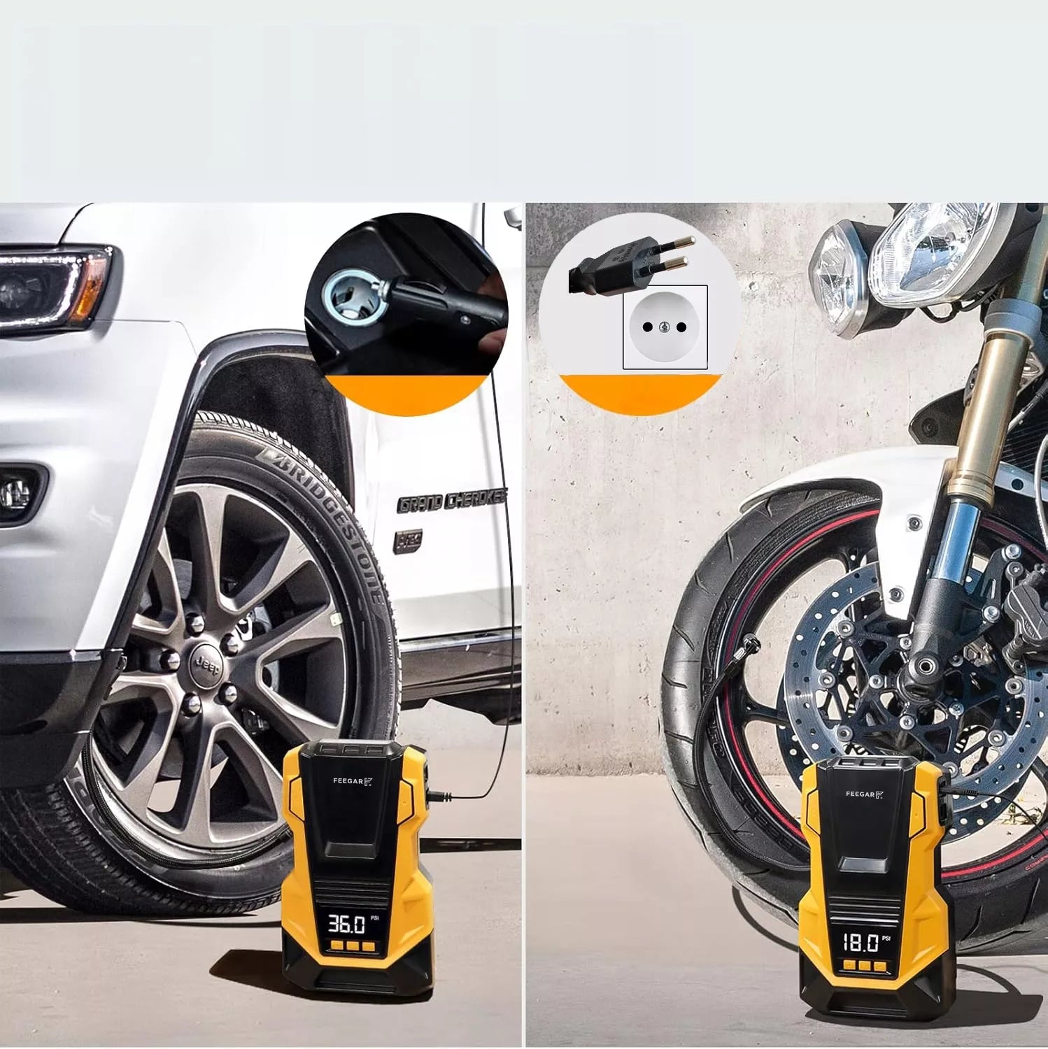 Automobilinis kompresorius 12V 230V Feegar, nešiojamas siurblys padangoms su LED