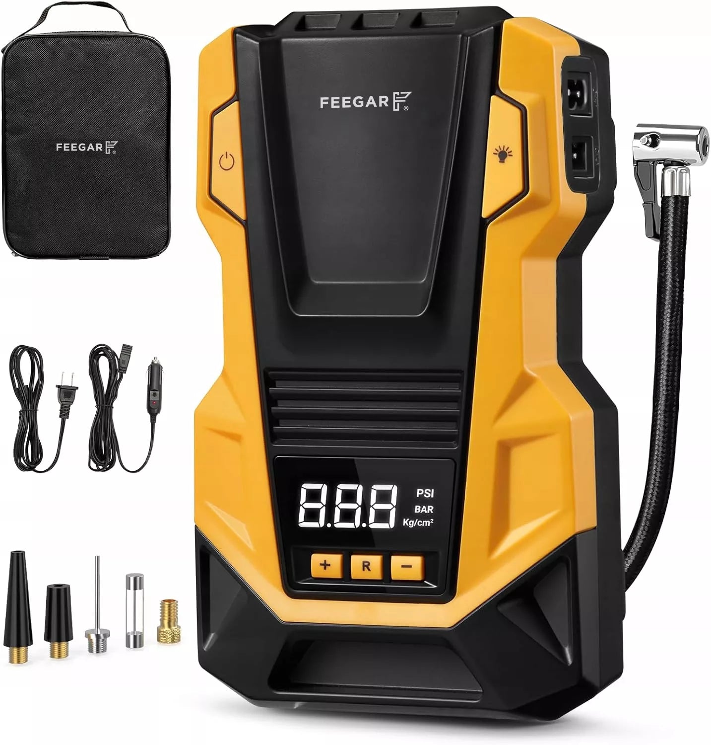 Automobilinis kompresorius 12V 230V Feegar, nešiojamas siurblys padangoms su LED