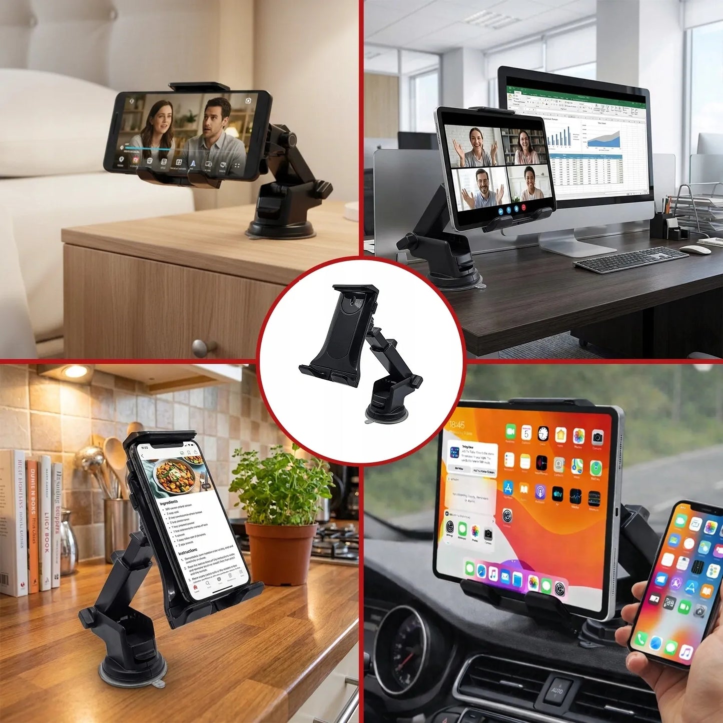 Automobilinis laikiklis telefonui ir planšetei ant stiklo arba prietaisų skydelio, reguliuojamas, besisukantis, tvirtas