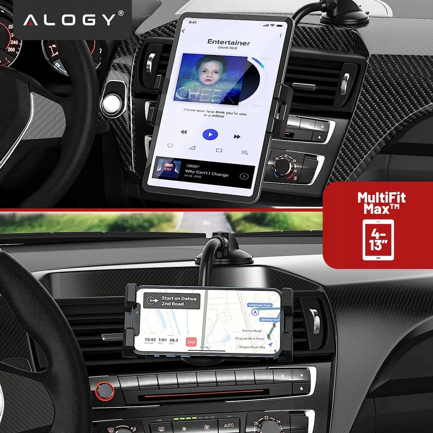 Automobilinis laikiklis telefonui planšetei ant stiklo ir prietaisų skydelio Alogy SteadyRide™ Juodas