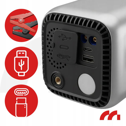 Automobilinis paleidiklis Jump Starter, 1000A, su kompresoriumi, maitinimo banku ir LED apšvietimu, dėkle