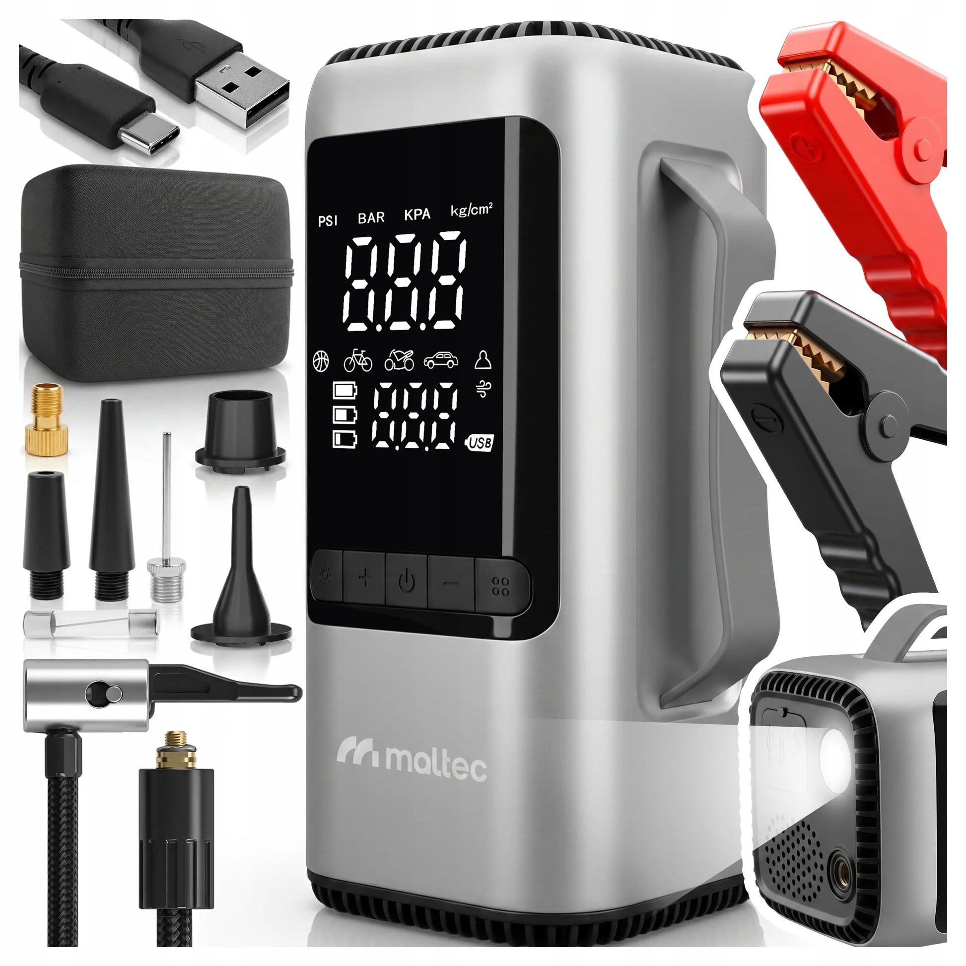 Automobilinis paleidiklis Jump Starter, 1000A, su kompresoriumi, maitinimo banku ir LED apšvietimu, dėkle