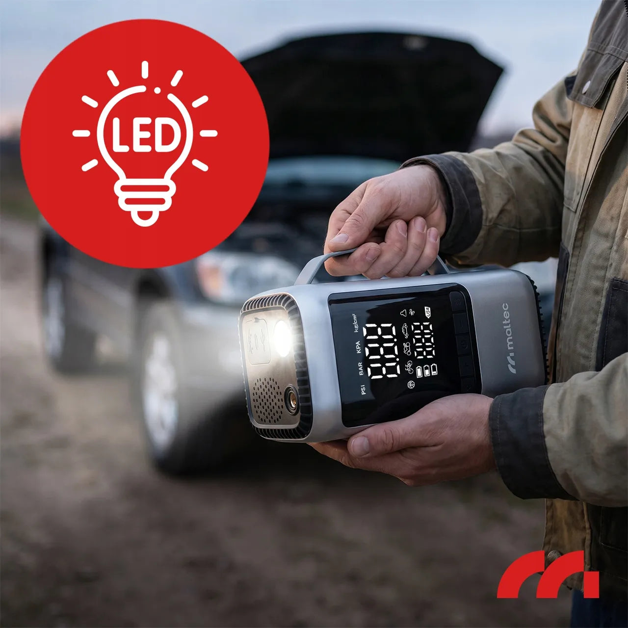 Automobilinis paleidiklis Jump Starter, 1000A, su kompresoriumi, maitinimo banku ir LED apšvietimu, dėkle