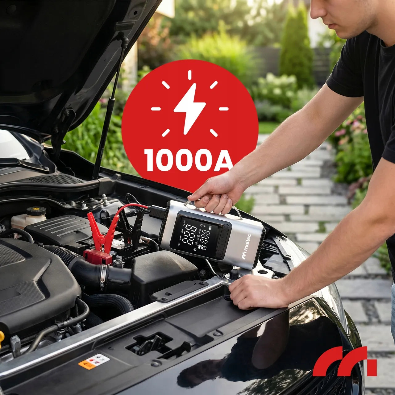 Automobilinis paleidiklis Jump Starter, 1000A, su kompresoriumi, maitinimo banku ir LED apšvietimu, dėkle