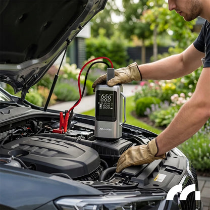 Automobilinis paleidiklis Jump Starter, 1000A, su kompresoriumi, maitinimo banku ir LED apšvietimu, dėkle