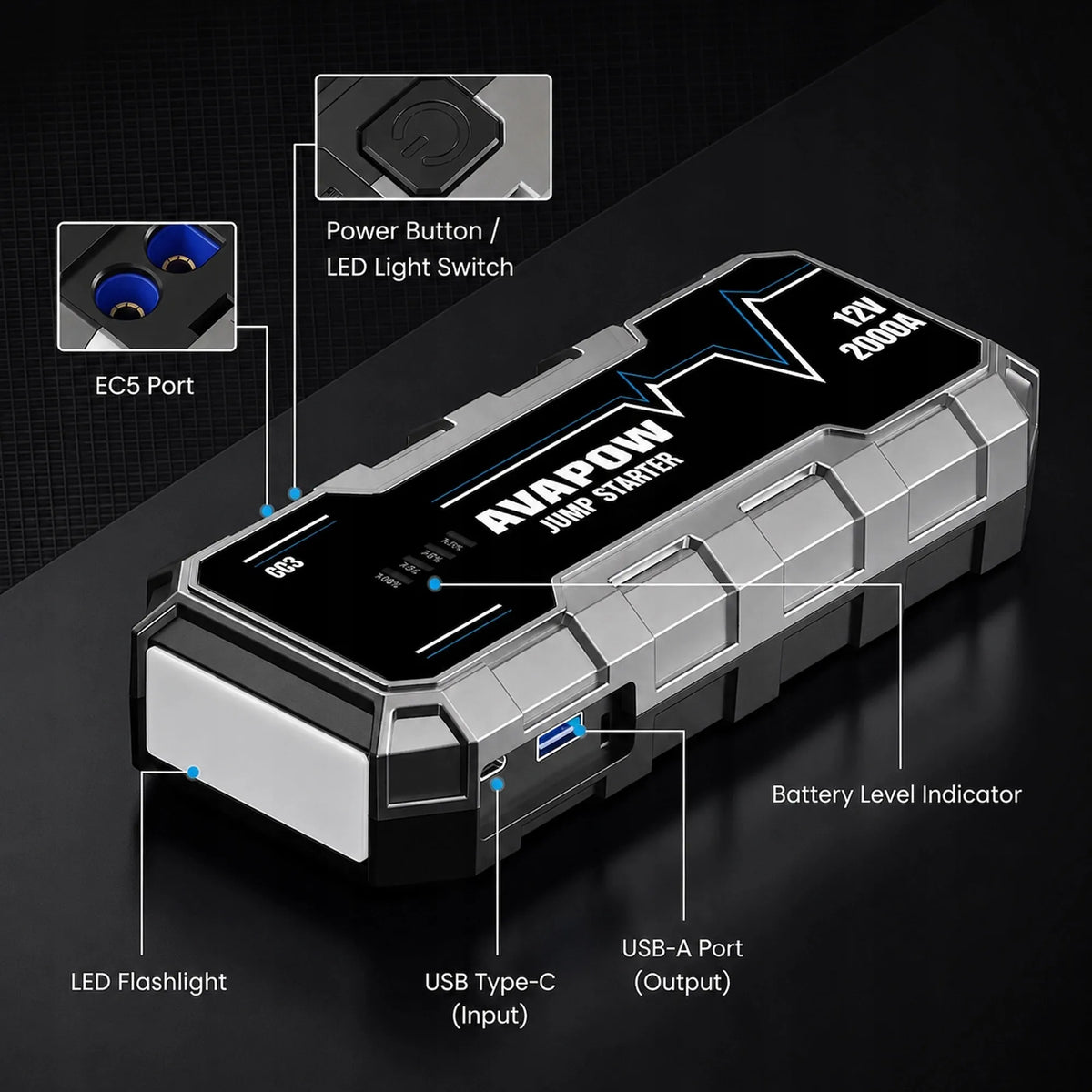Automobilinis užvedimo įrenginys AVAPOW G03, 2000 A, 12 000 mAh, 12 V, užvedimo starteris