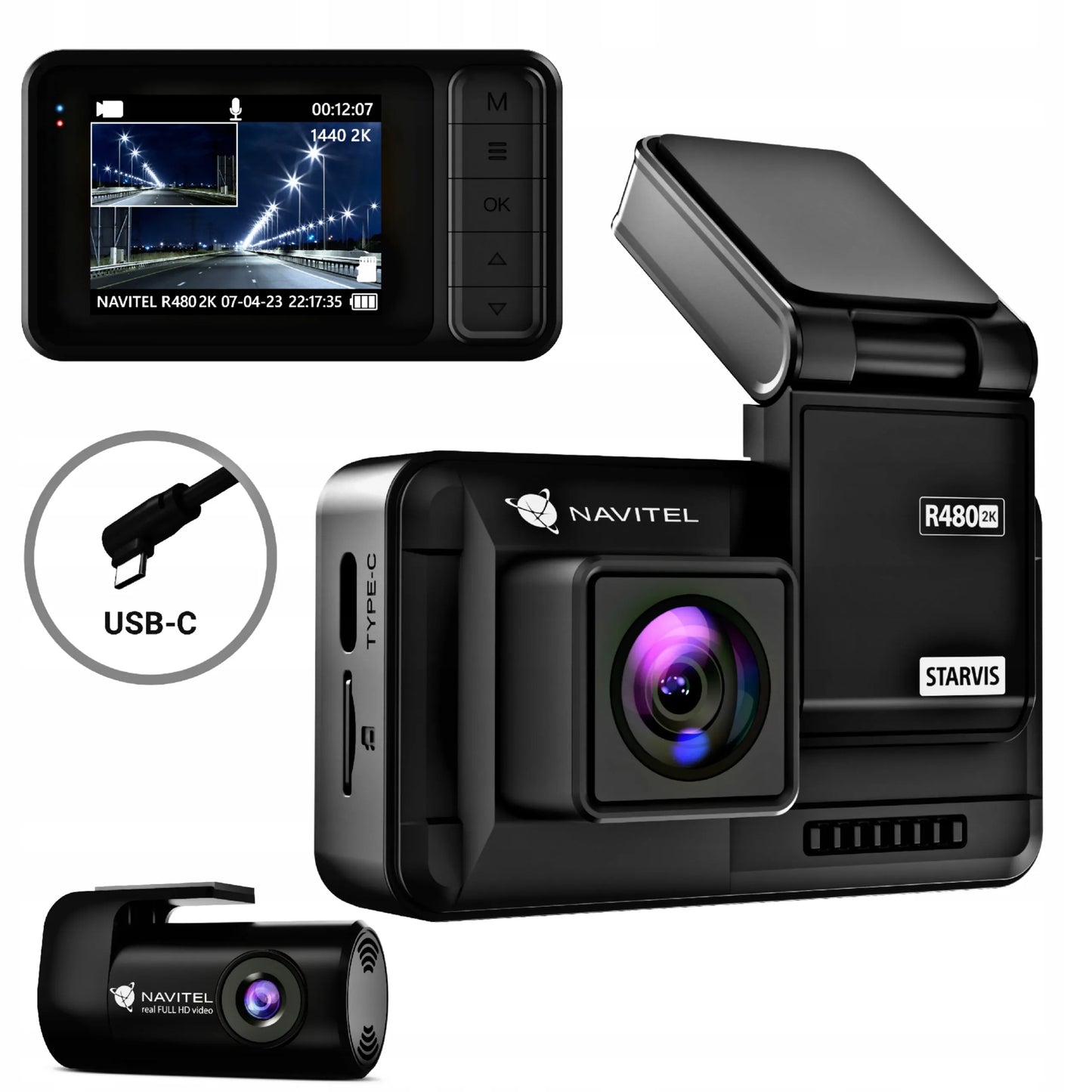Automobilinis vaizdo registratorius NAVITEL R480 2K DUAL, magnetinis laikiklis, SONY jutiklis