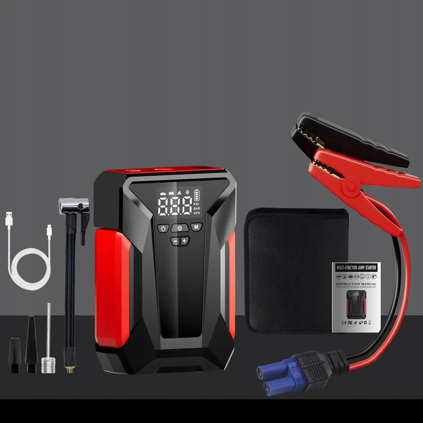 Automobilio paleidimo įrenginys jump starter kompresorius pompa booster powerbank dėklas