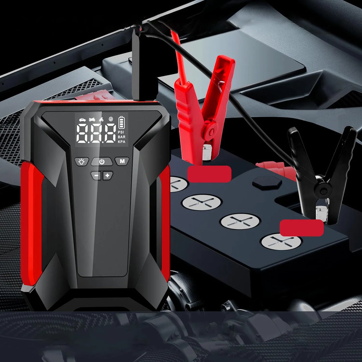 Automobilio paleidimo įrenginys jump starter kompresorius pompa booster powerbank dėklas