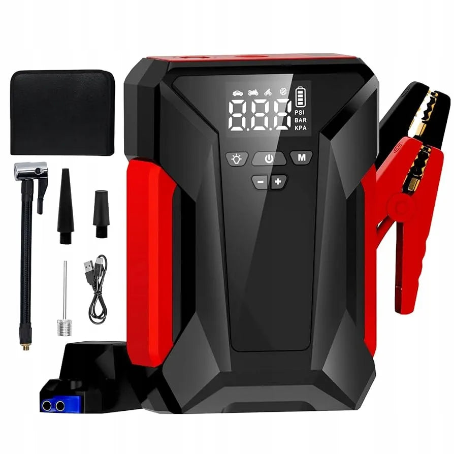 Automobilio paleidimo įrenginys jump starter kompresorius pompa booster powerbank dėklas