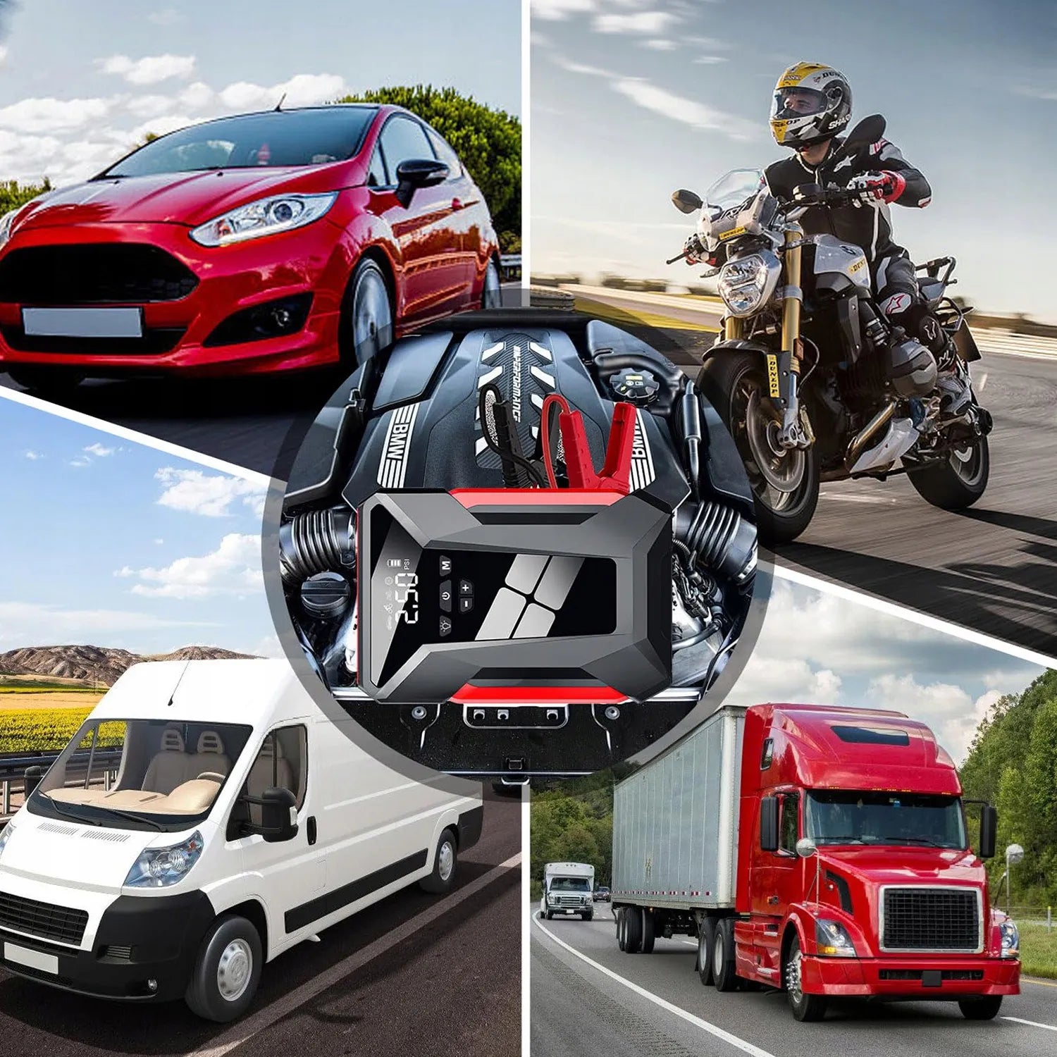 Automobilio paleidimo įrenginys jump starter kompresorius pompa booster powerbank dėklas