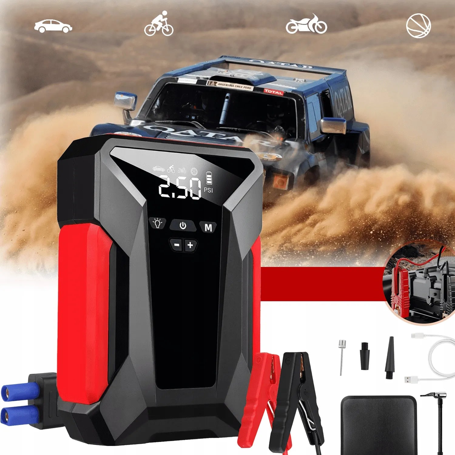 Automobilio paleidimo įrenginys jump starter kompresorius pompa booster powerbank dėklas