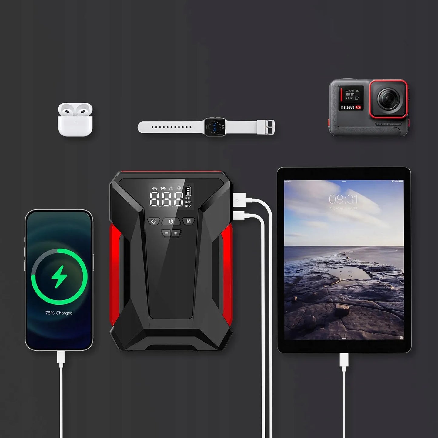 Automobilio paleidimo įrenginys jump starter kompresorius pompa booster powerbank dėklas