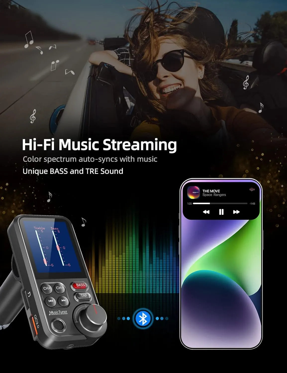 Automobilių BLUETOOTH siųstuvas QC3.0 18W USB su garsiakalbių ir žemų dažnių valdymu