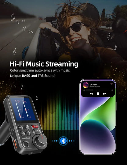 Automobilių BLUETOOTH siųstuvas QC3.0 18W USB su garsiakalbių ir žemų dažnių valdymu
