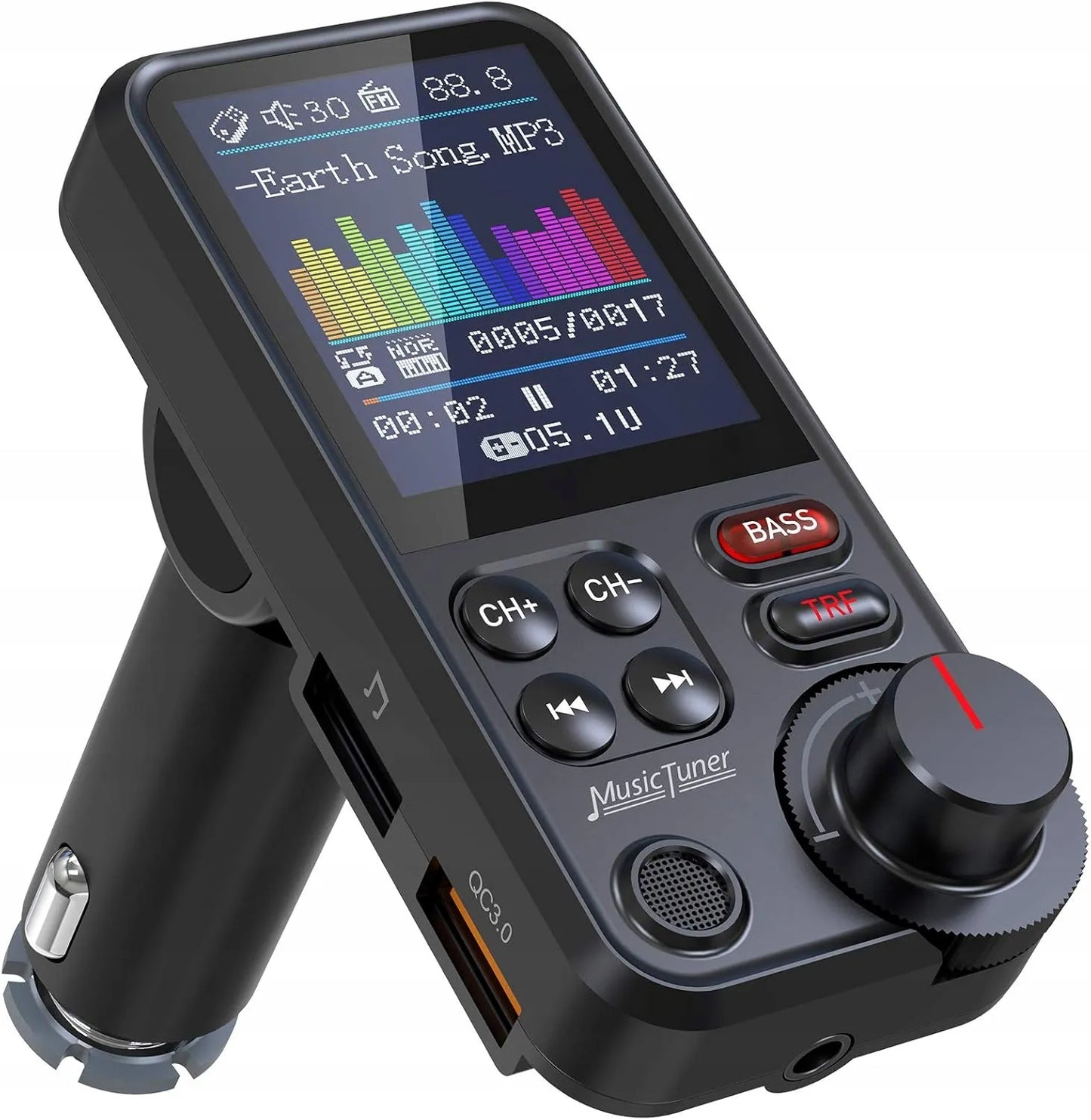Automobilių BLUETOOTH siųstuvas QC3.0 18W USB su garsiakalbių ir žemų dažnių valdymu
