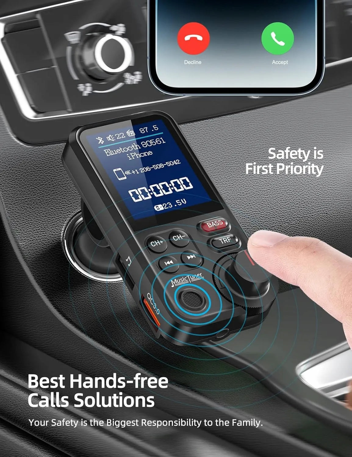 Automobilių BLUETOOTH siųstuvas QC3.0 18W USB su garsiakalbių ir žemų dažnių valdymu
