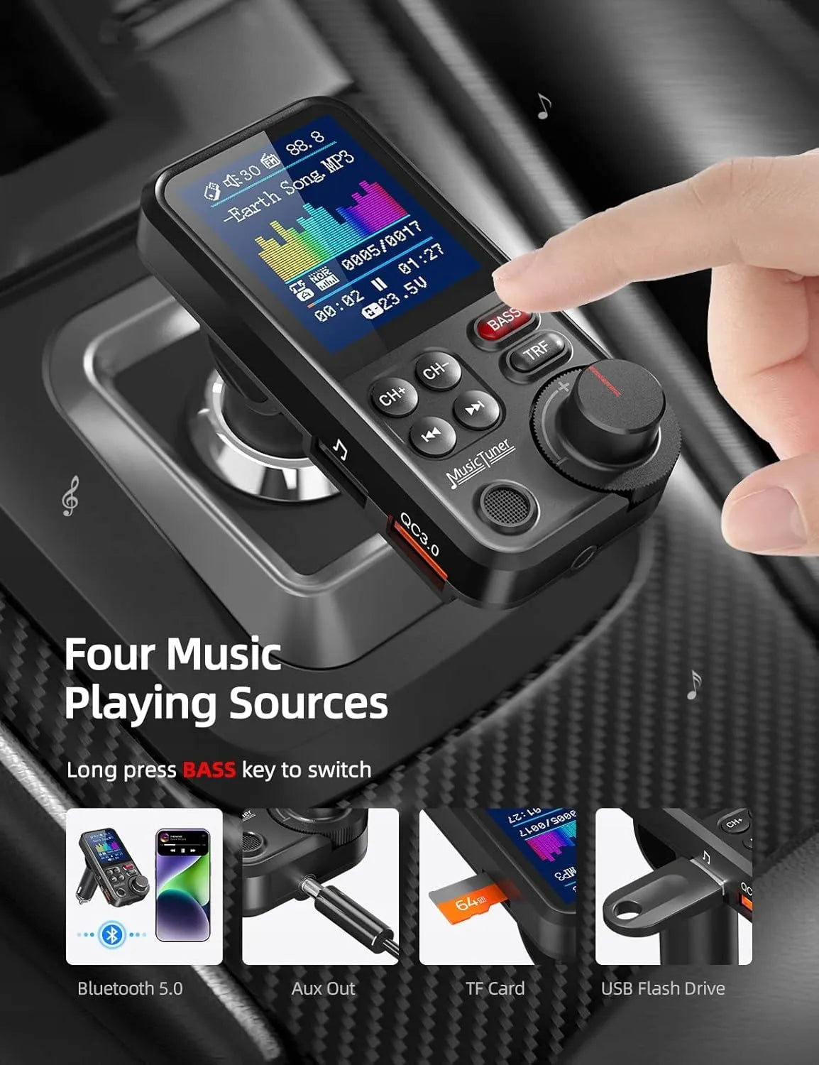 Automobilių BLUETOOTH siųstuvas QC3.0 18W USB su garsiakalbių ir žemų dažnių valdymu