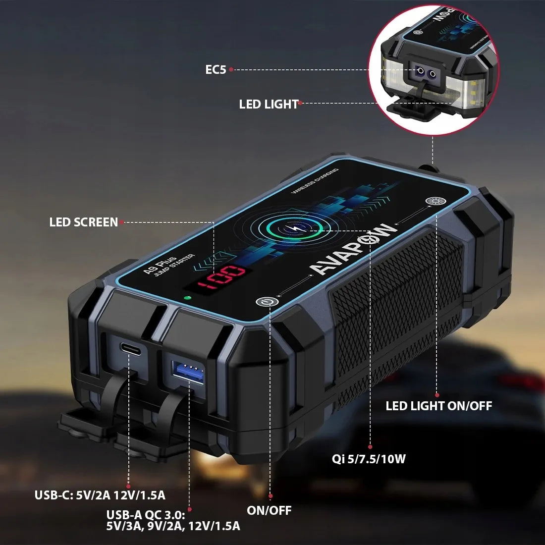 AVAPOW A9 Plus 12 V paleidimo įrenginys ir išorinė baterija, 12 000 mAh, 2000 A, 44 Wh, IP65, LED žibintuvėlis
