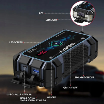 AVAPOW A9 Plus 12 V paleidimo įrenginys ir išorinė baterija, 12 000 mAh, 2000 A, 44 Wh, IP65, LED žibintuvėlis